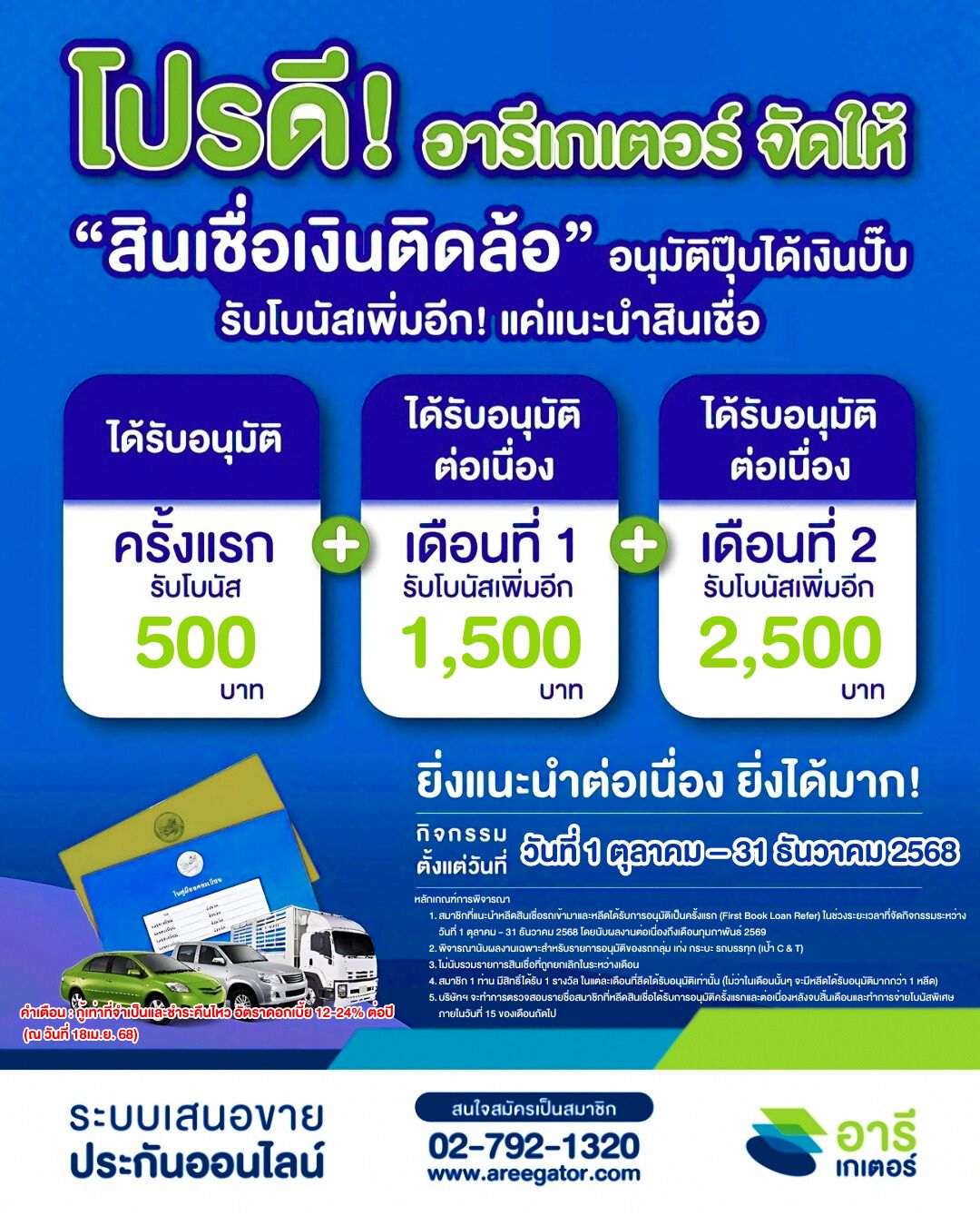แนะนำลูกค้ามาขอสินเชื่อกับเงินติดล้อ ได้โบนัสพิเศษ รวมสูงสุด 4,500 บาท!